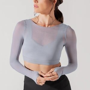 POPFLEX Sheer Long Sleeve Crop Top - Light Gray